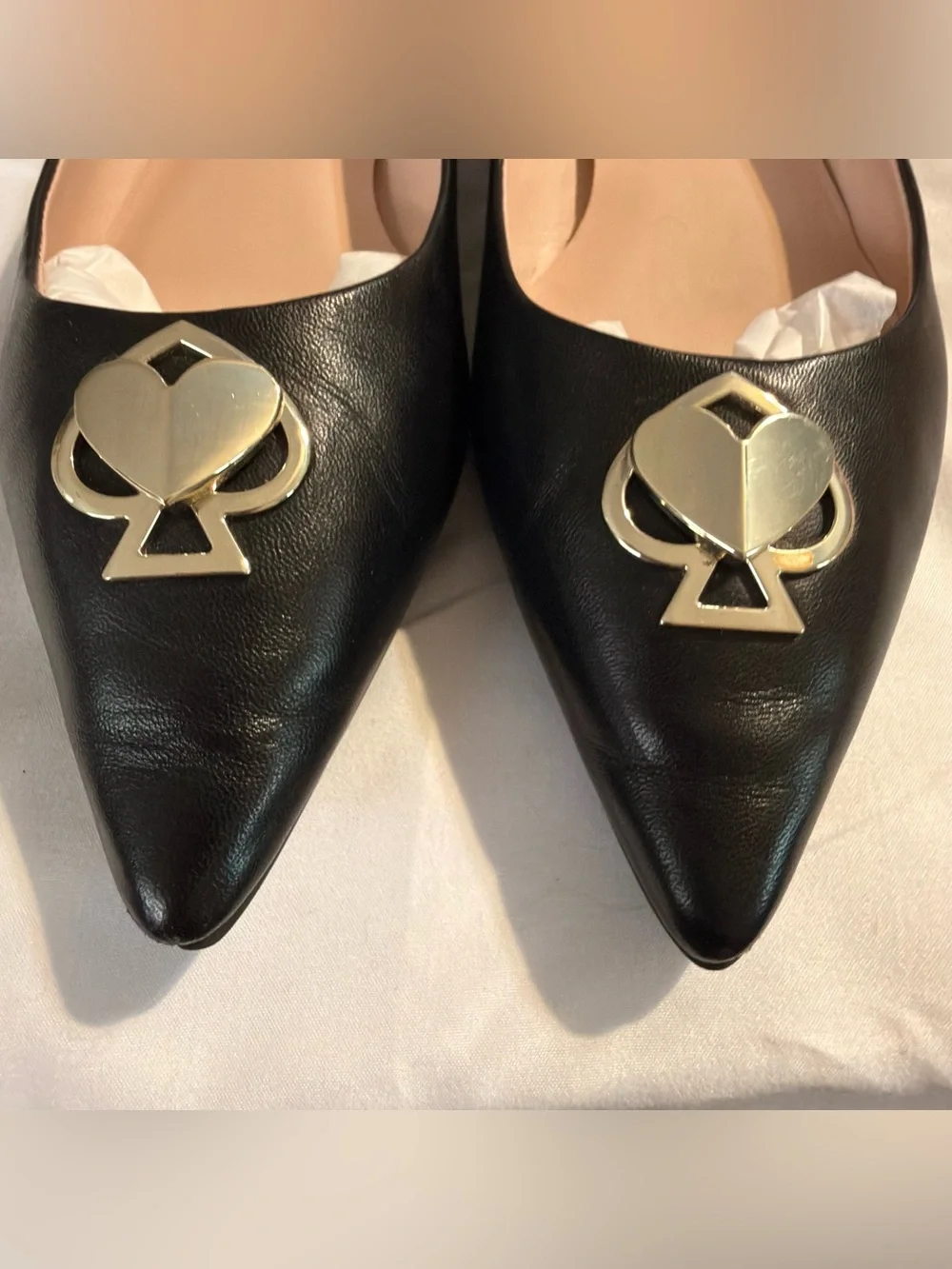 Kate Spade Black Pointed Toe Flats with Gold Spade Hardware